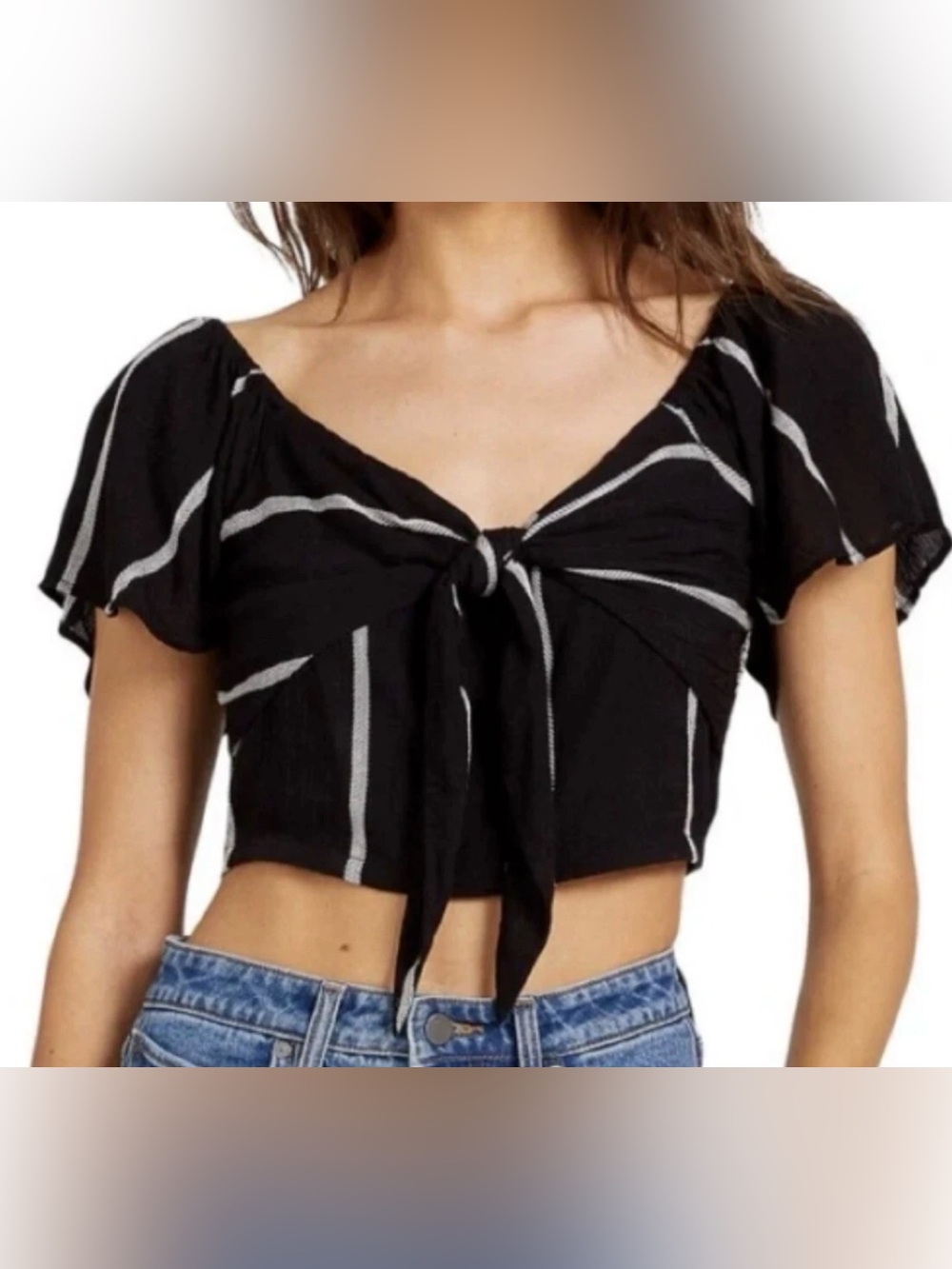 Volcom NWT Coco Ho Tie Chest Top Woven Tops Black And White Striped Size S